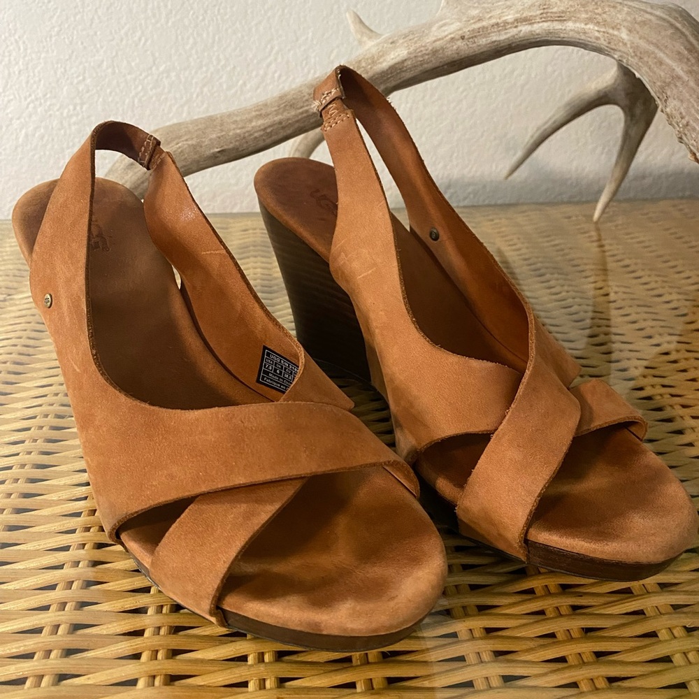 UGG Womens Kennedy Tan Leather Open Toe Slingback Wedge Sandals Size 7.5